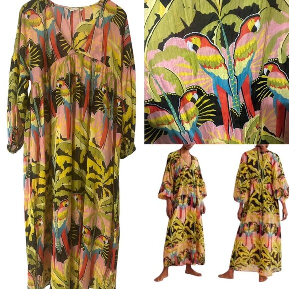 Rare Boden Empire Maxi Kaftan Layering Dress 8P Paradise Parrot Semi-Sheer Boho - Picture 1 of 16